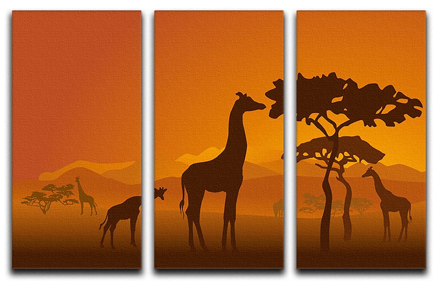 Three-panel canvas art featuring silhouettes of giraffes in a Kenyan national park, showcasing a beautiful nature scene.