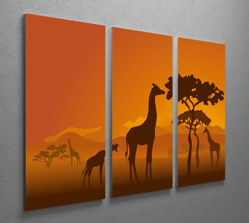 Three-panel canvas art featuring silhouettes of giraffes in a Kenyan national park, showcasing a beautiful nature scene.