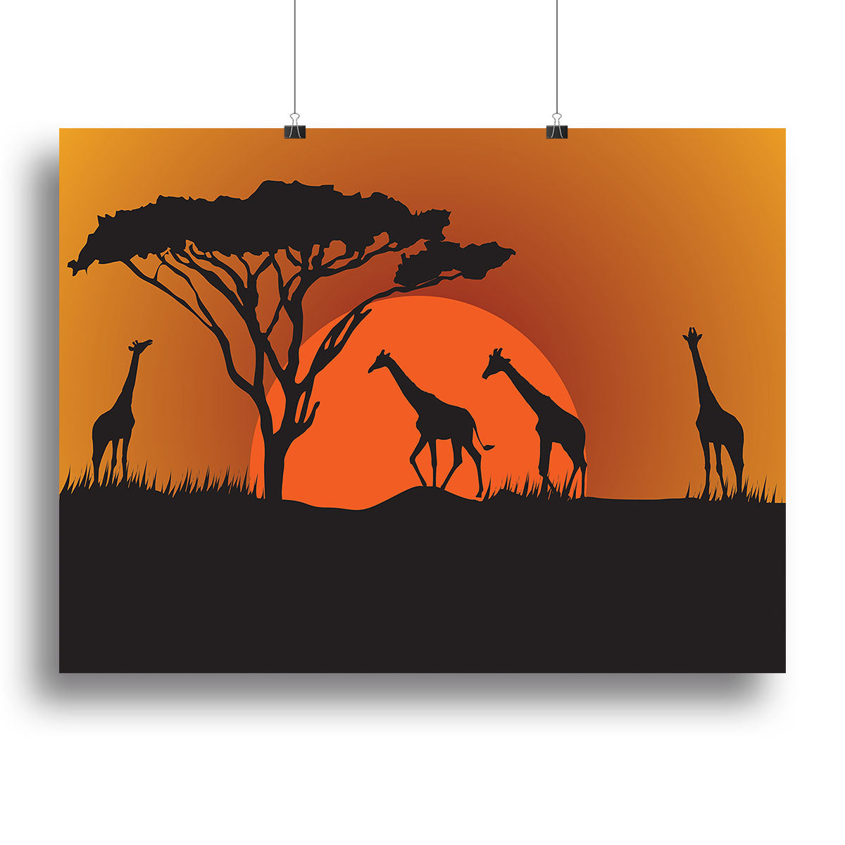 Canvas print featuring silhouettes of giraffes against a vibrant safari sunset, showcasing nature's beauty.