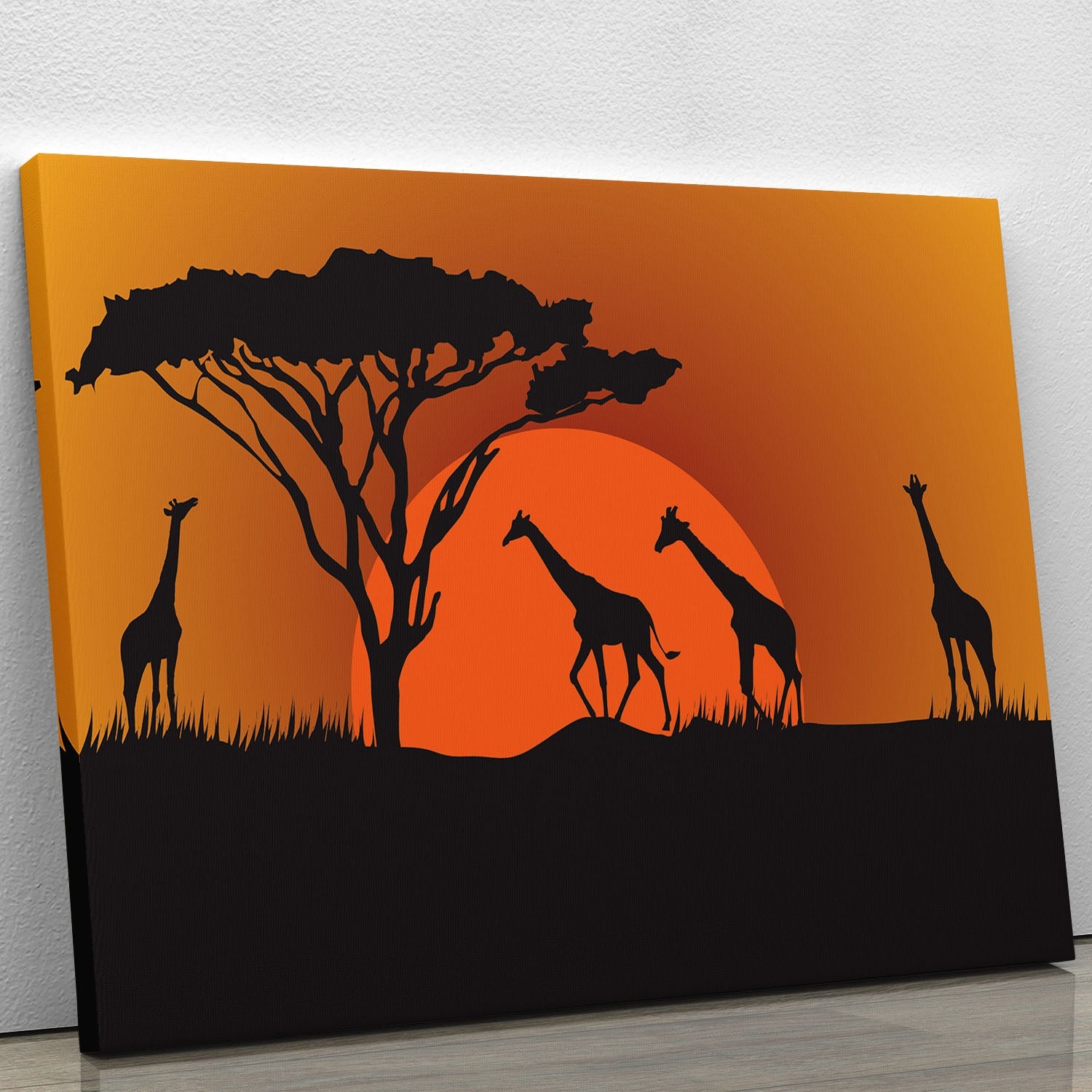 Canvas print featuring silhouettes of giraffes against a vibrant safari sunset, showcasing nature's beauty.
