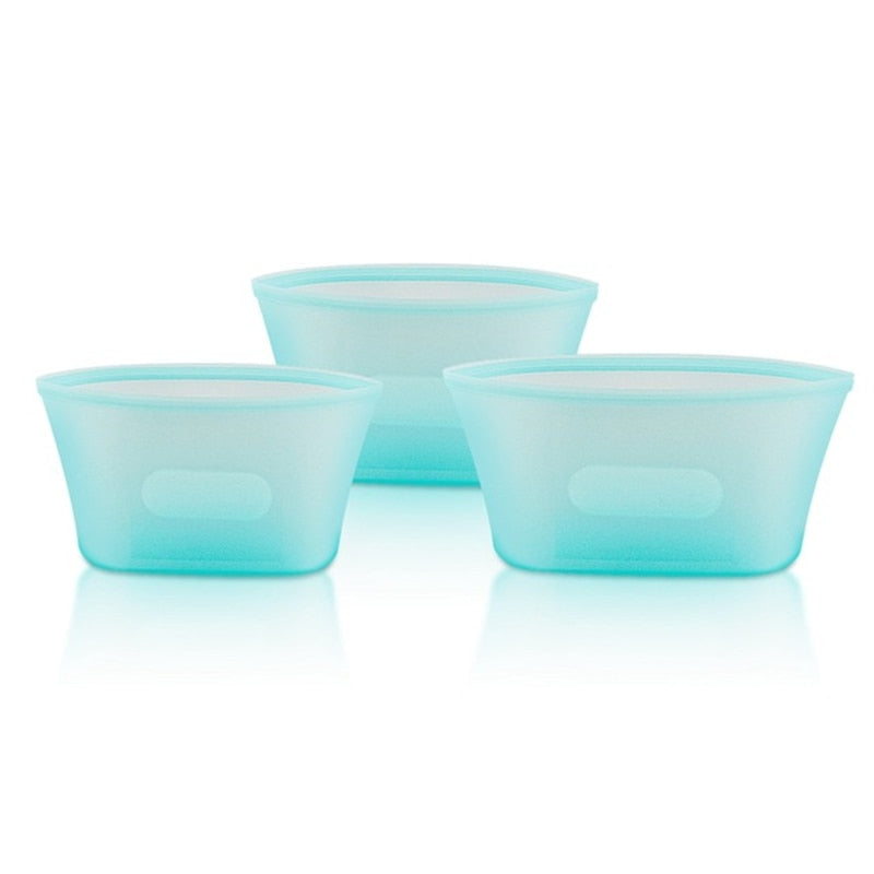A colorful set of silicone food storage containers including bowls and cups, showcasing their versatility and reusable design.