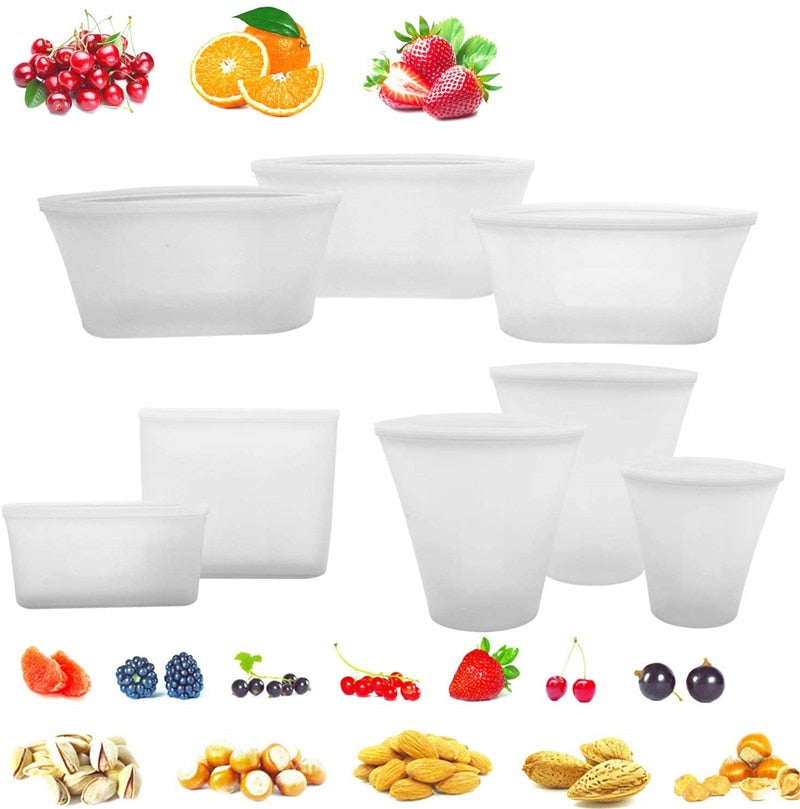 A colorful set of silicone food storage containers including bowls and cups, showcasing their versatility and reusable design.