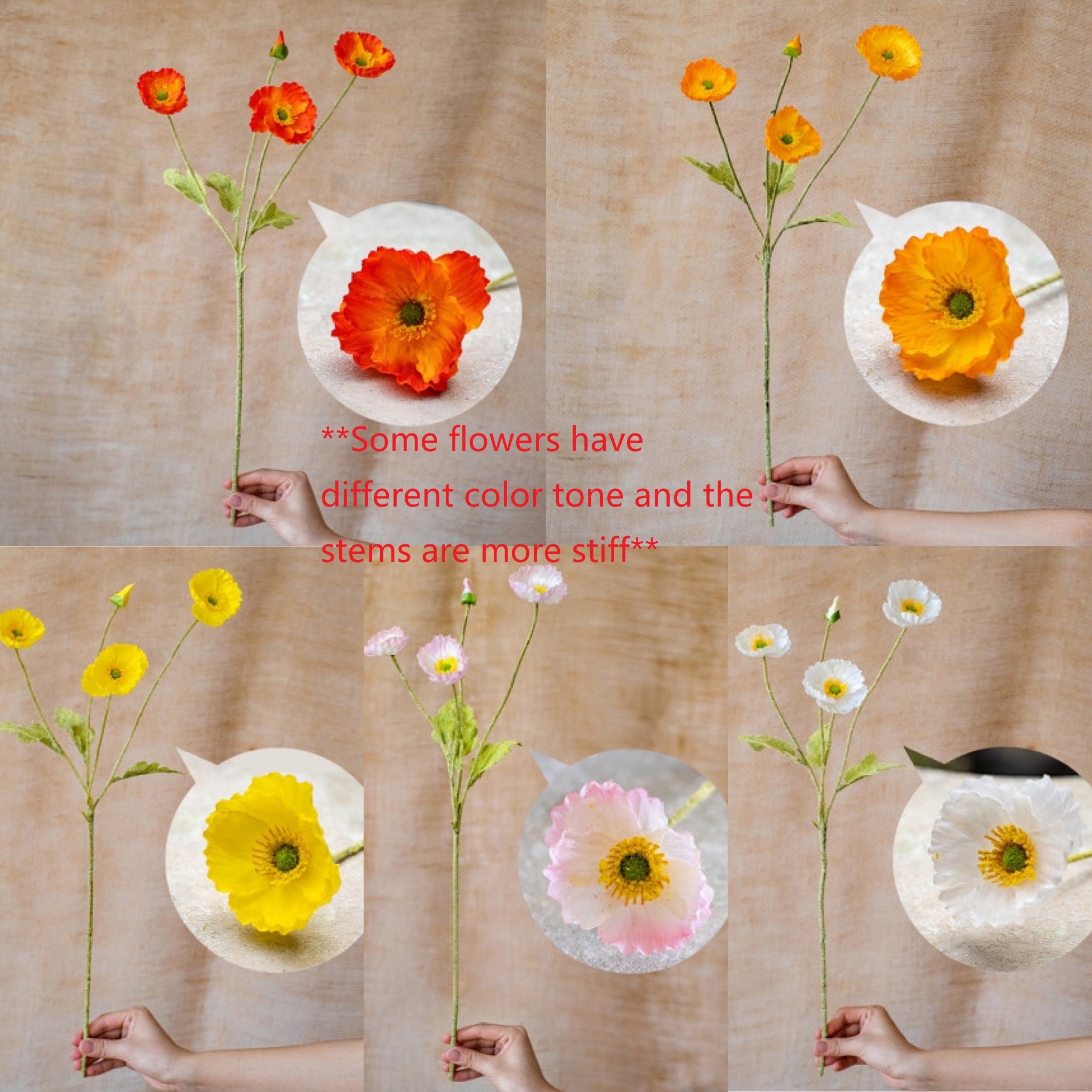 A 22-inch tall Silk Common Poppy Flower Stem featuring vibrant orange, red, and yellow blooms with green leaves, perfect for home decor.