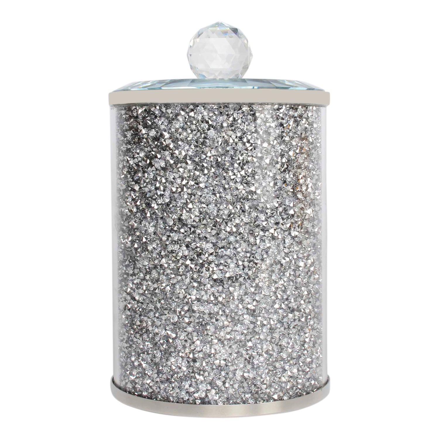 Elegant Silver Crushed Diamond Glass Canister with decorative chrome base and glass lid, beautifully packaged in a gift box.