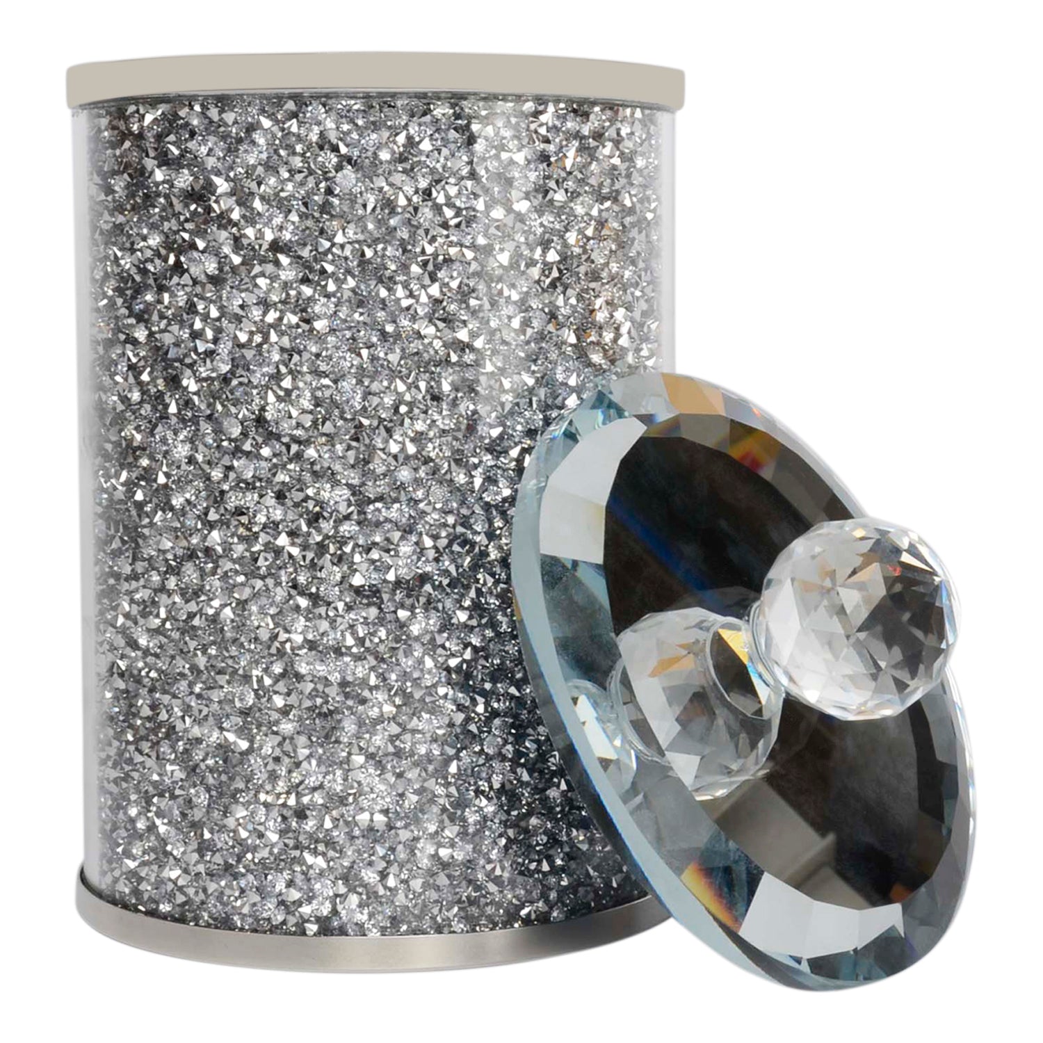 Elegant Silver Crushed Diamond Glass Canister with decorative chrome base and glass lid, beautifully packaged in a gift box.