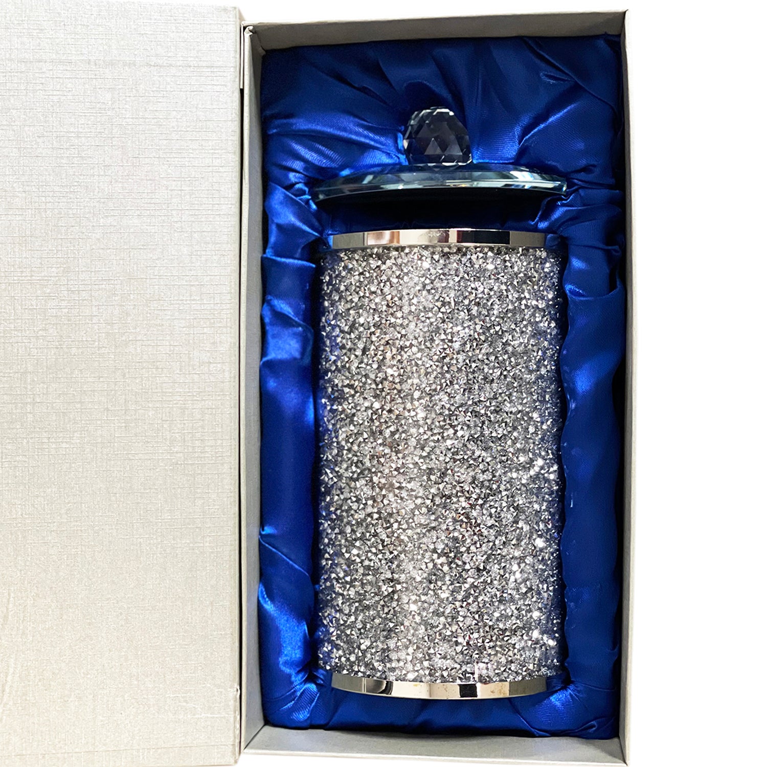 Elegant Silver Crushed Diamond Glass Canister with decorative chrome base and glass lid, beautifully packaged in a gift box.