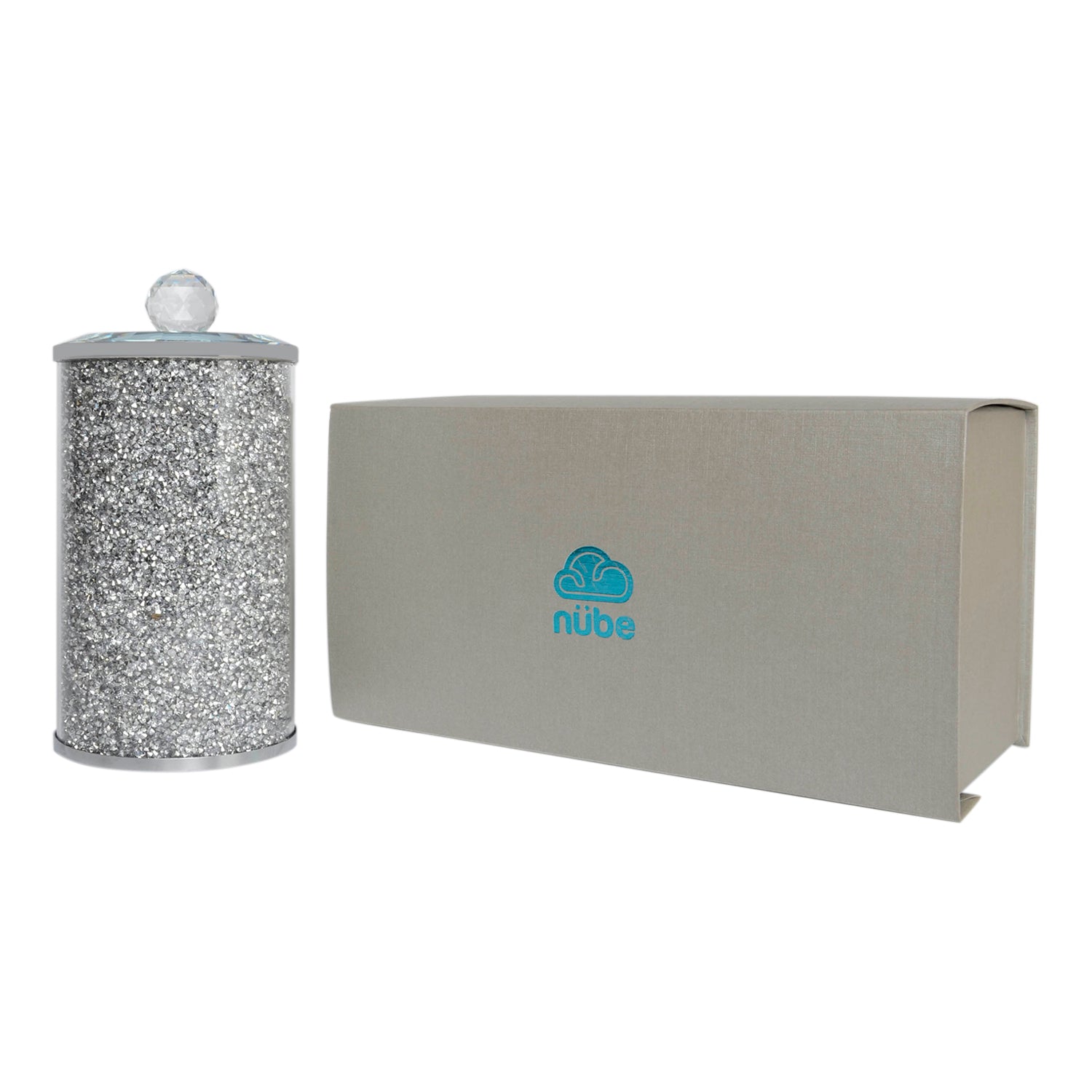 Elegant Silver Crushed Diamond Glass Canister with decorative chrome base and glass lid, beautifully packaged in a gift box.