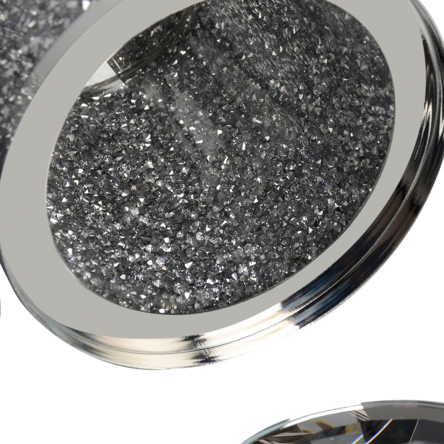 Elegant Silver Crushed Diamond Glass Canister with decorative chrome base and glass lid, beautifully packaged in a gift box.