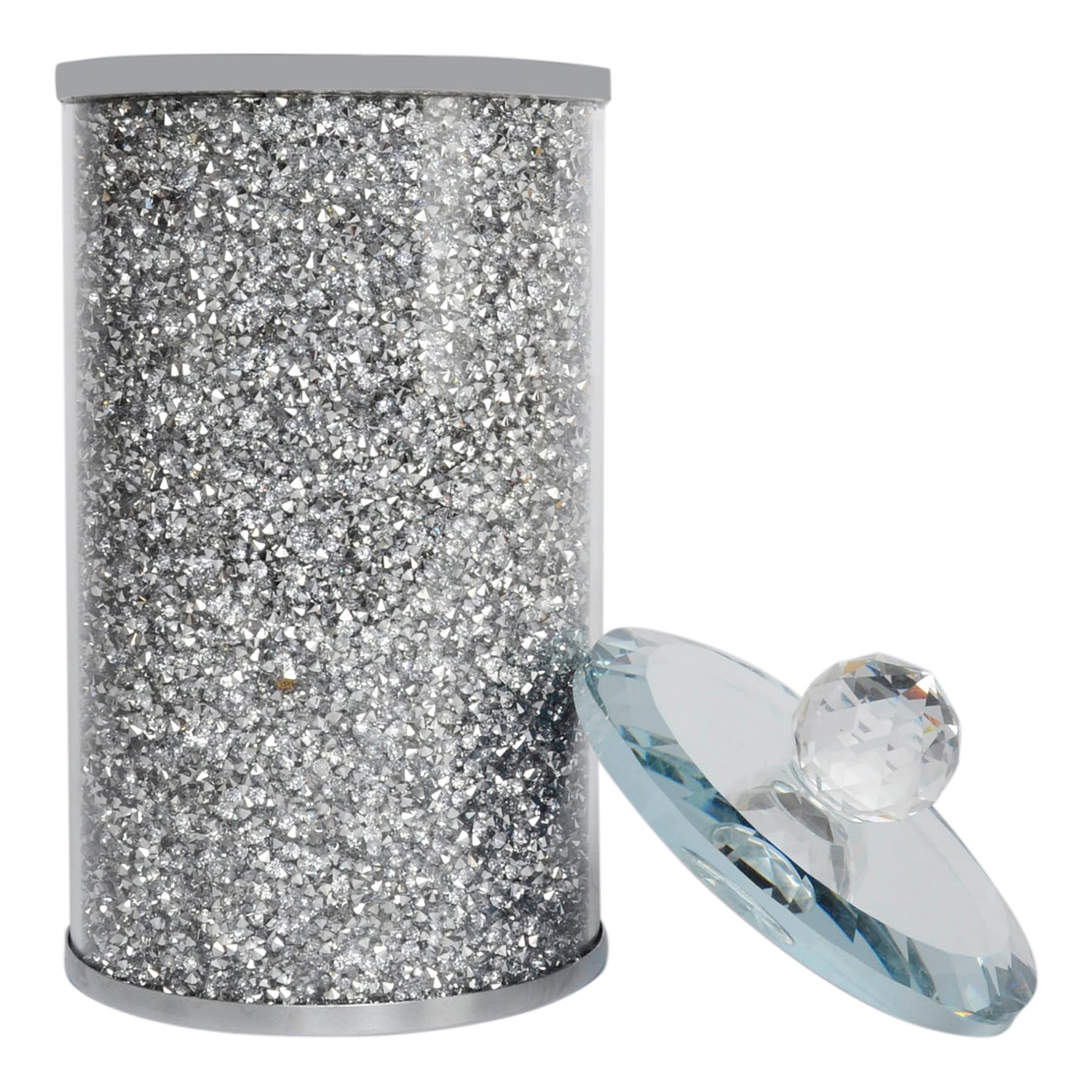 Elegant Silver Crushed Diamond Glass Canister with decorative chrome base and glass lid, beautifully packaged in a gift box.