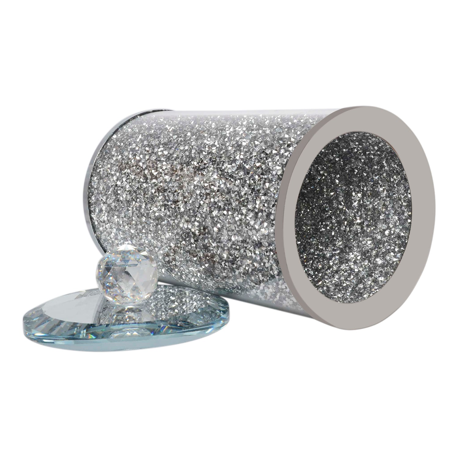 Elegant Silver Crushed Diamond Glass Canister with decorative chrome base and glass lid, beautifully packaged in a gift box.