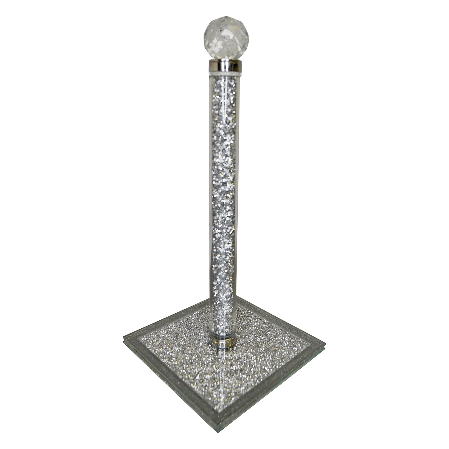 Elegant Silver Crushed Diamond Glass Paper Towel Holder with Chrome Base in Gift Box, showcasing its luxurious design and modern appeal.