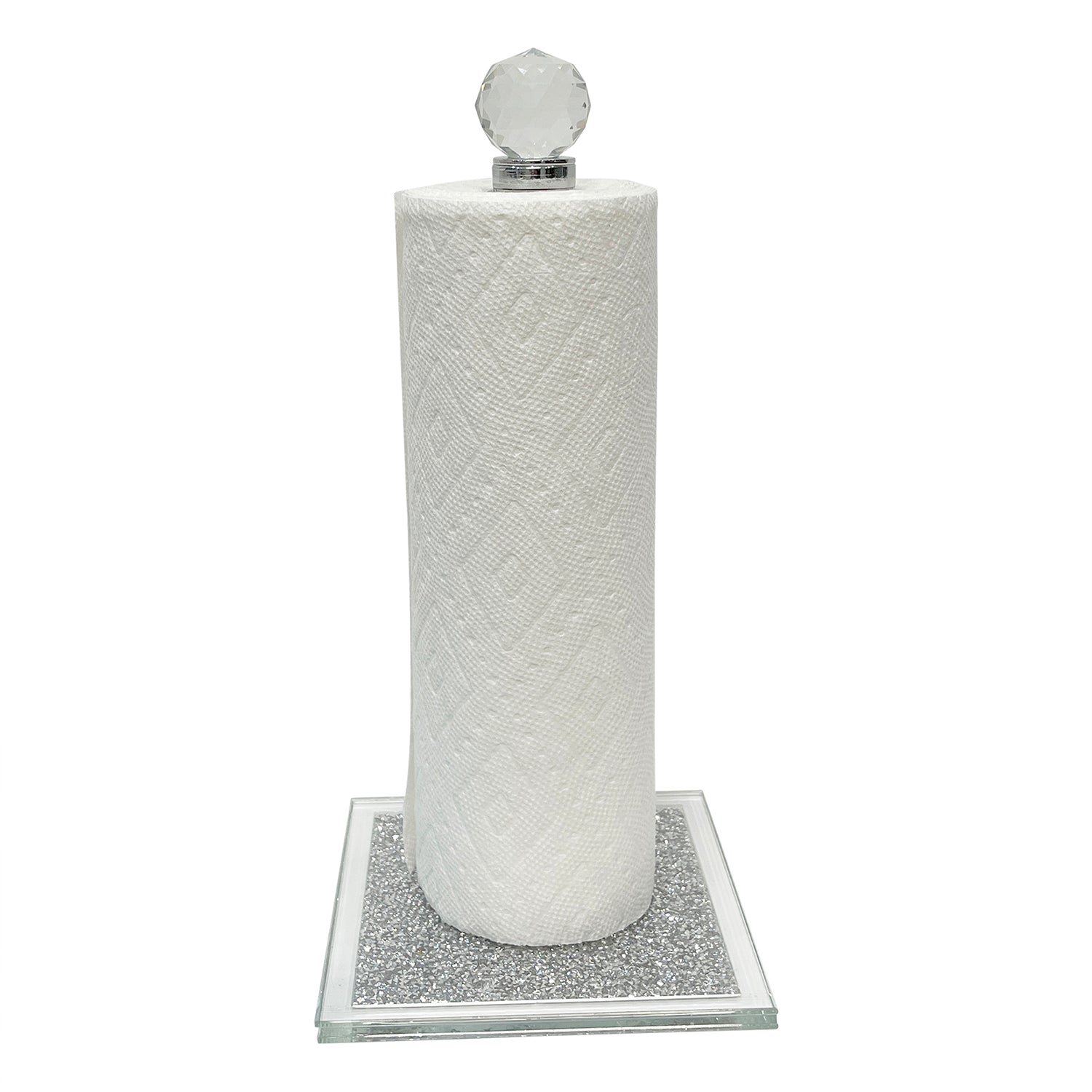 Elegant Silver Crushed Diamond Glass Paper Towel Holder with Chrome Base in Gift Box, showcasing its luxurious design and modern appeal.