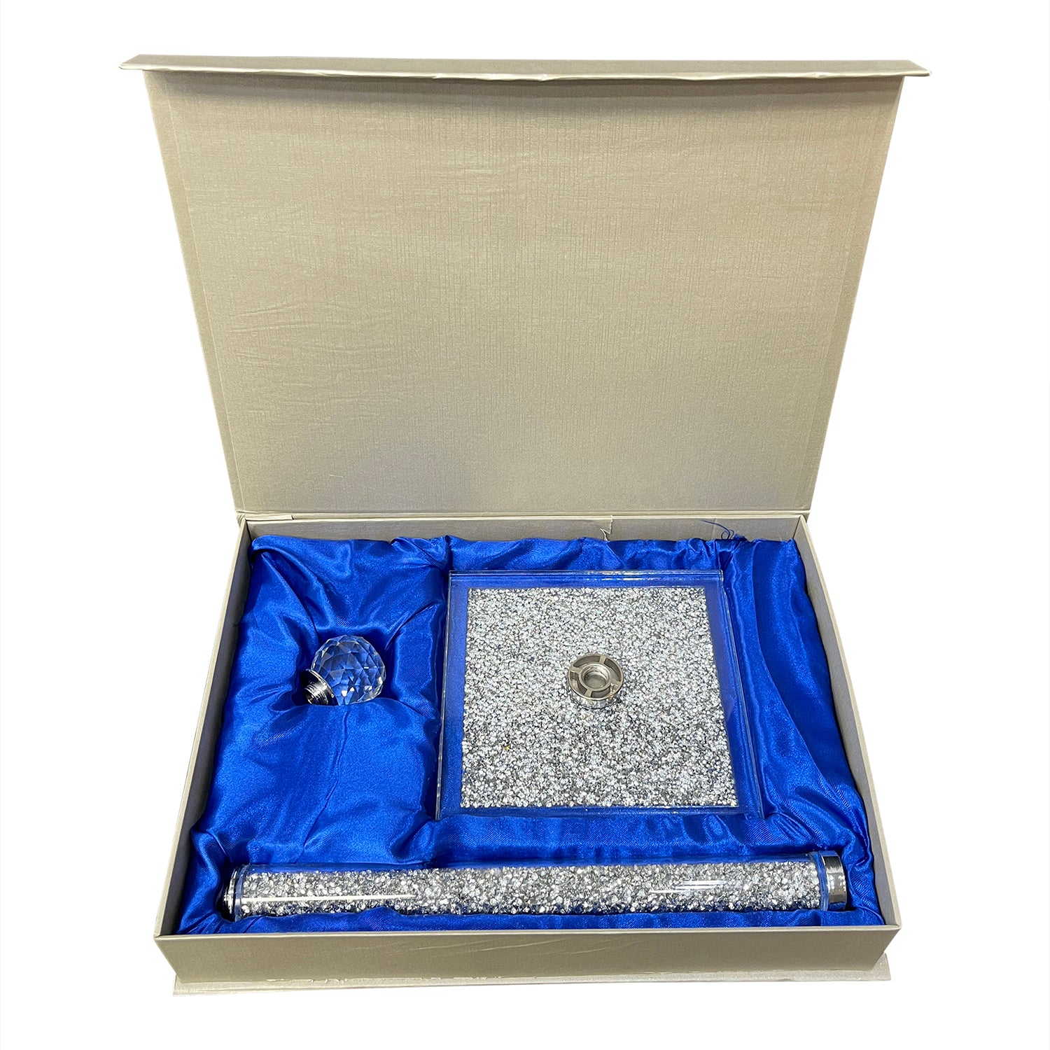Elegant Silver Crushed Diamond Glass Paper Towel Holder with Chrome Base in Gift Box, showcasing its luxurious design and modern appeal.