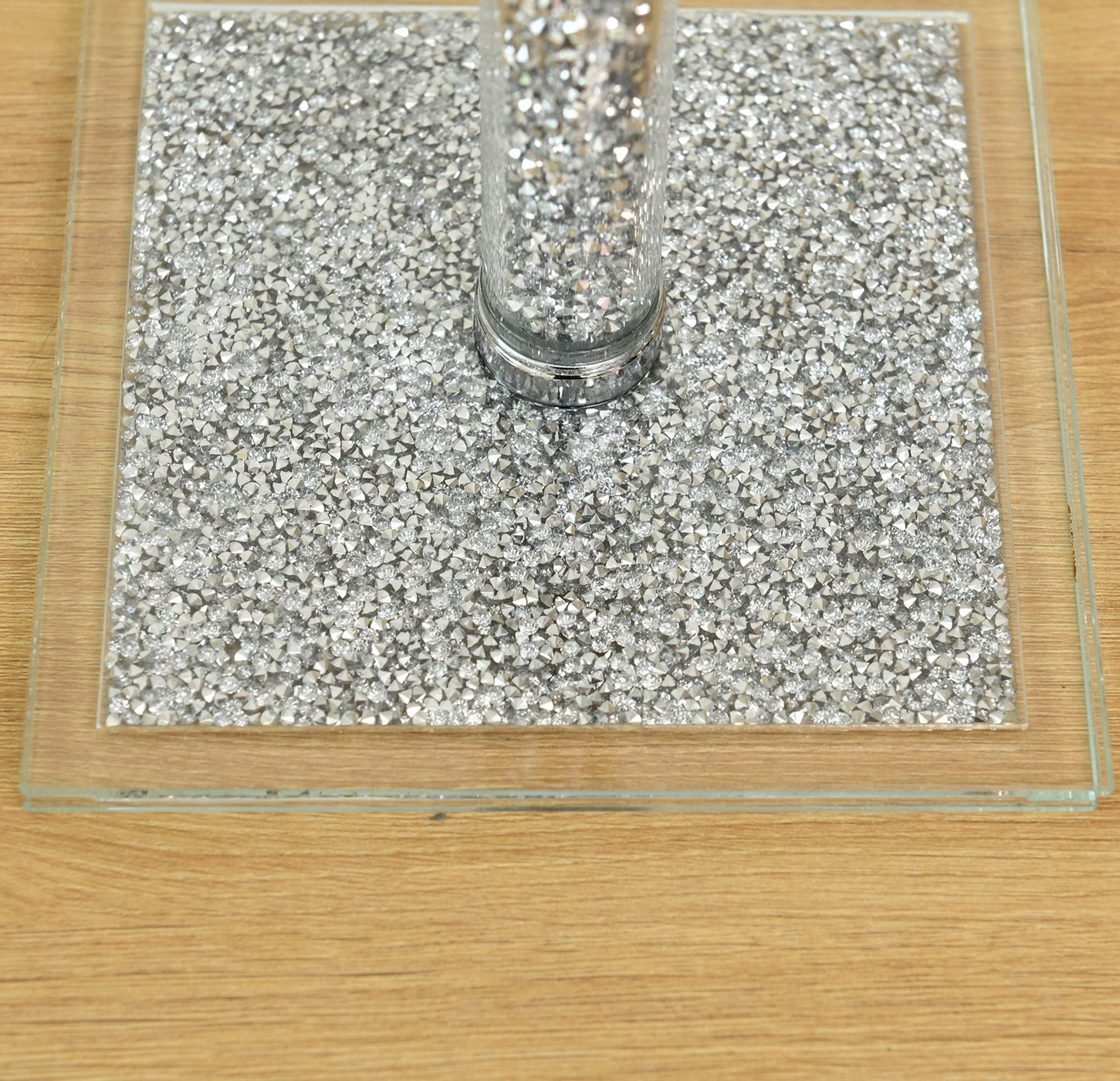 Elegant Silver Crushed Diamond Glass Paper Towel Holder with Chrome Base in Gift Box, showcasing its luxurious design and modern appeal.