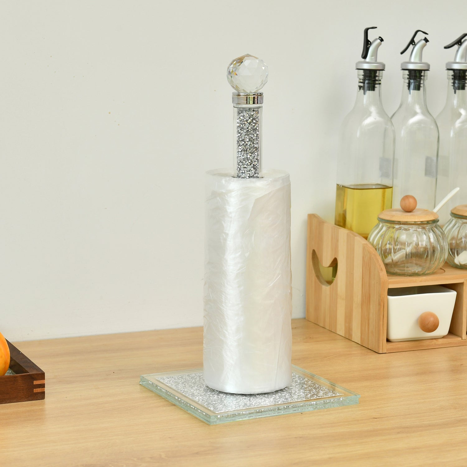 Elegant Silver Crushed Diamond Glass Paper Towel Holder with Chrome Base in Gift Box, showcasing its luxurious design and modern appeal.