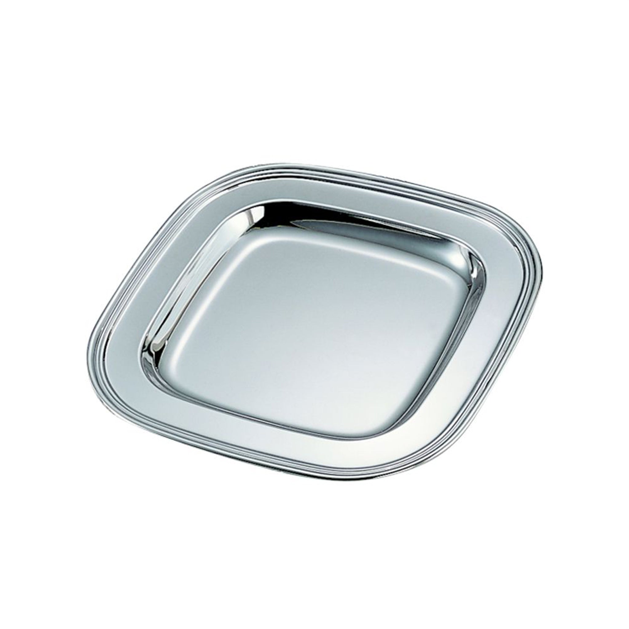 A reflective 11.5-inch silver square tray made of solid metal with a nickel plating, showcasing its elegant design.