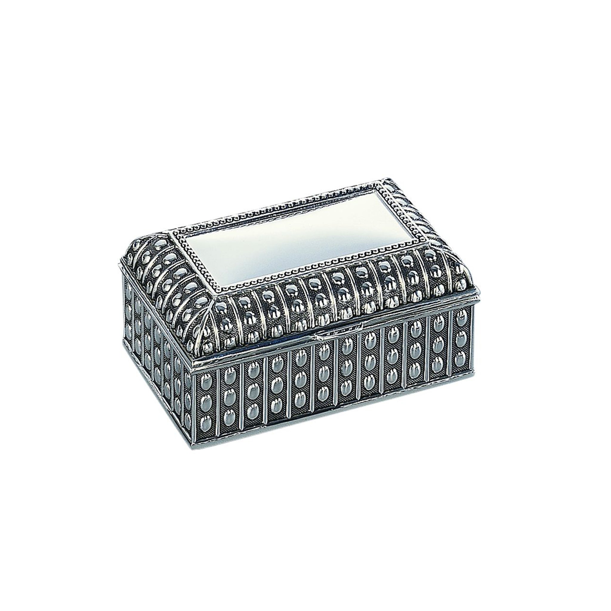 A vintage-style silverplated rectangular box with a beaded antique design, featuring a hinged cover and dark blue flocked lining.