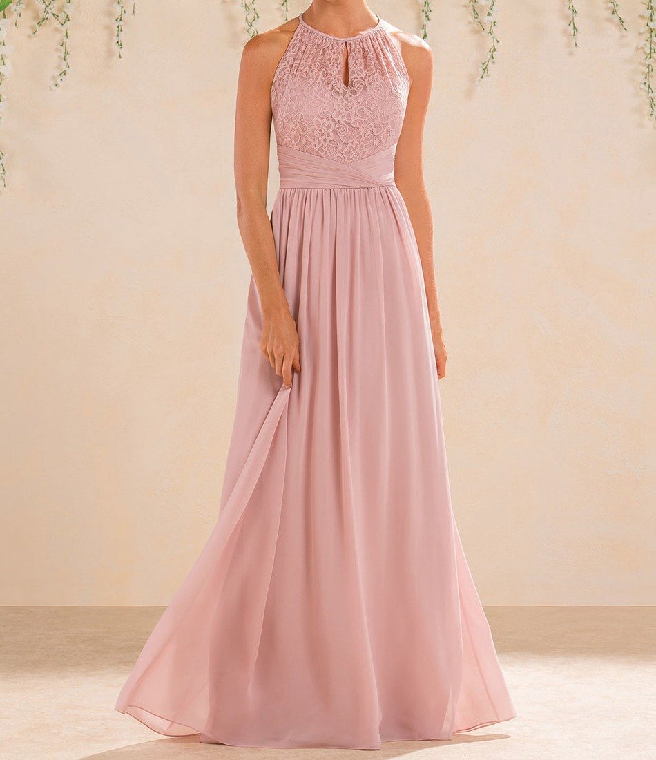 A beautiful model wearing a Simple Elegant Pink Halter Bridesmaid Dress featuring illusion lace sleeves and a flowing A-line silhouette.