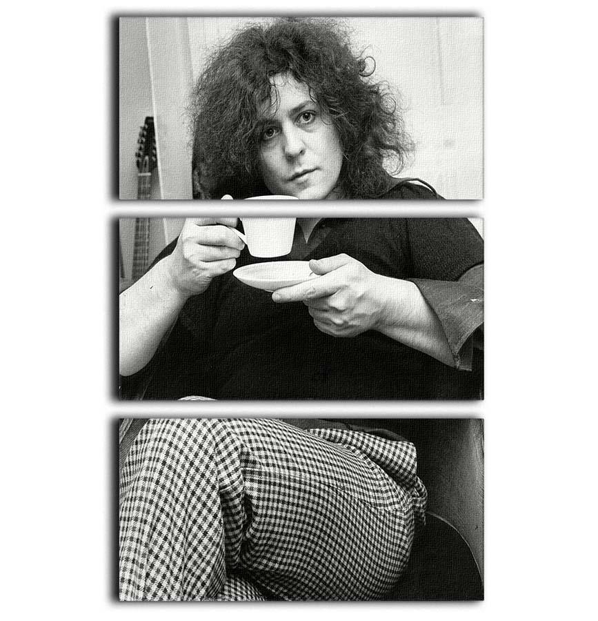 A stylish 3-panel canvas print featuring singer Marc Bolan enjoying tea, perfect for home decor.