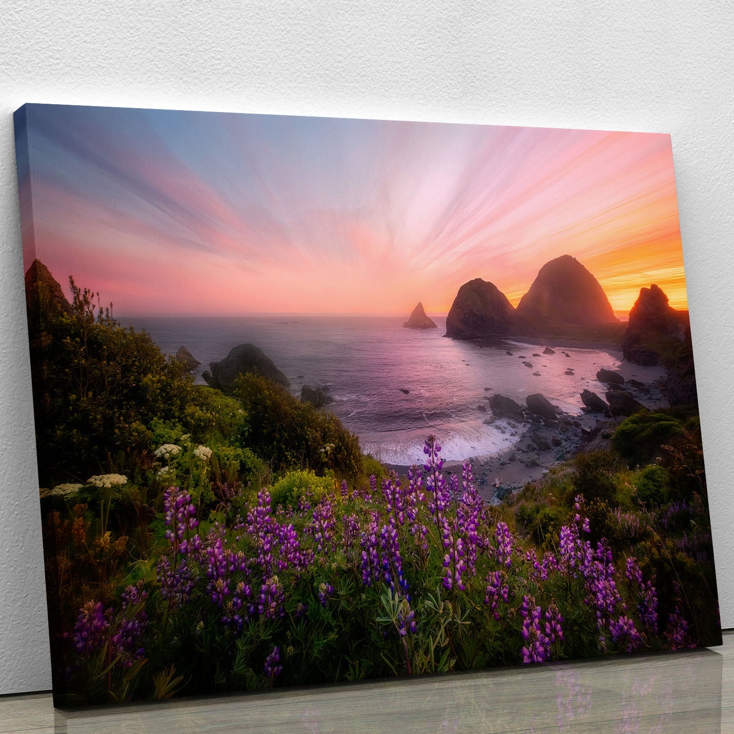 Sister Rocks with vibrant Lupin Blooms canvas print showcasing colorful flowers against a serene background.