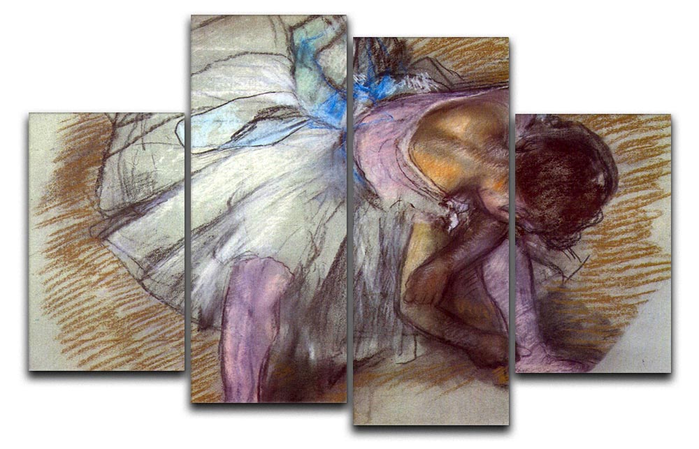 A 4-split canvas artwork featuring Degas' Sitting Dancer lacing her slipper, showcasing elegance and artistic detail.
