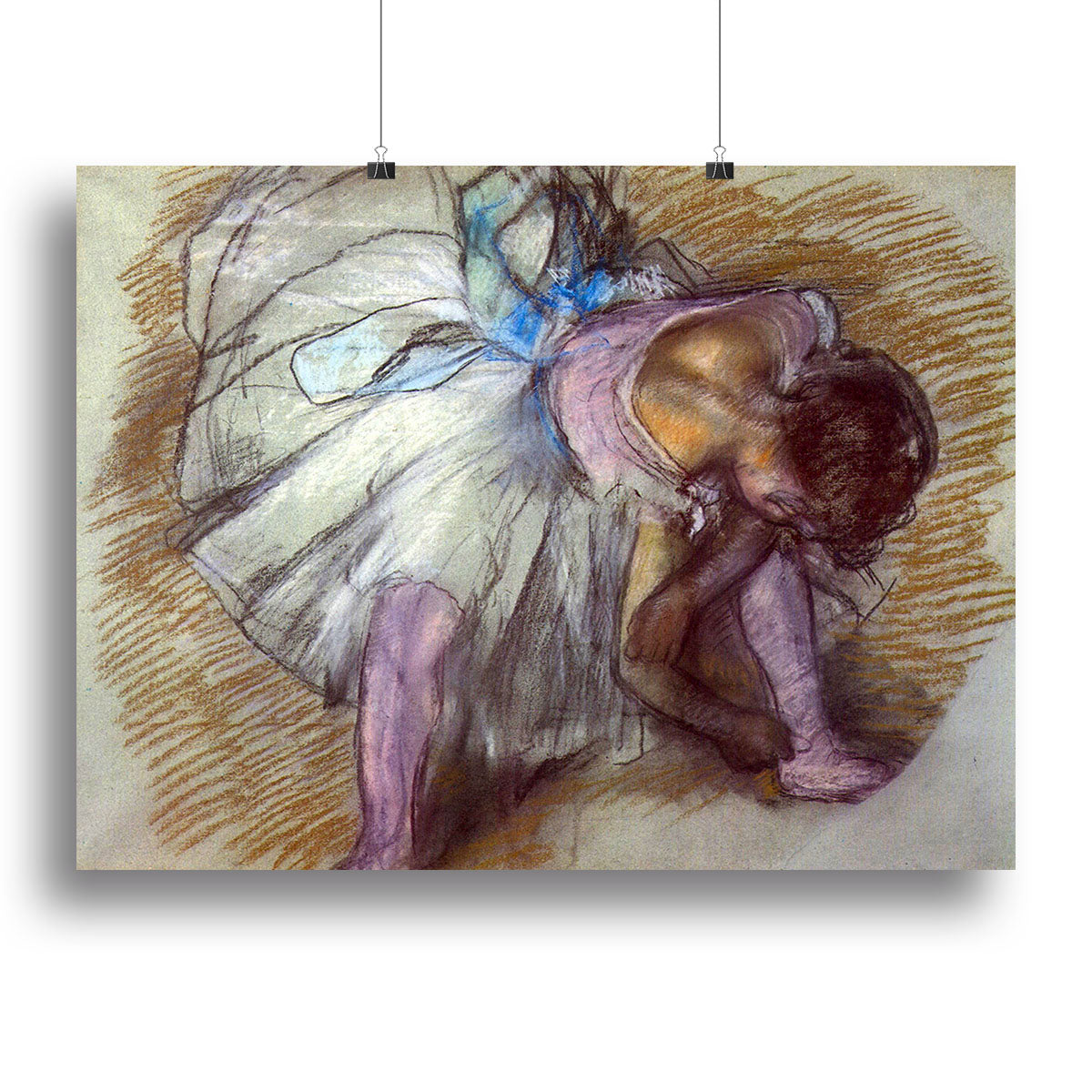 Canvas print of Degas' Sitting Dancer lacing her slipper, showcasing graceful ballet movement and soft colors.