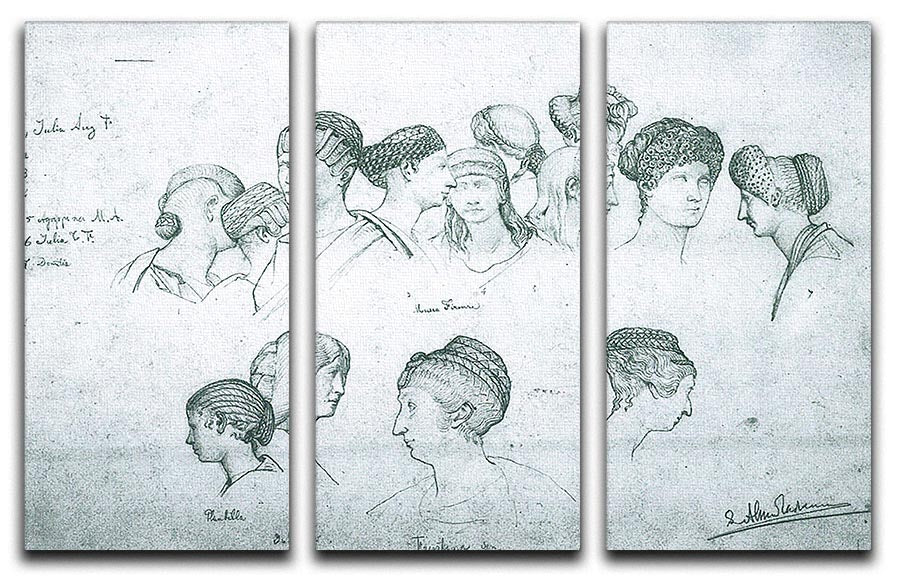 Three-panel canvas art featuring ancient hairstyle sketches by Alma Tadema, showcasing intricate details and elegant design.
