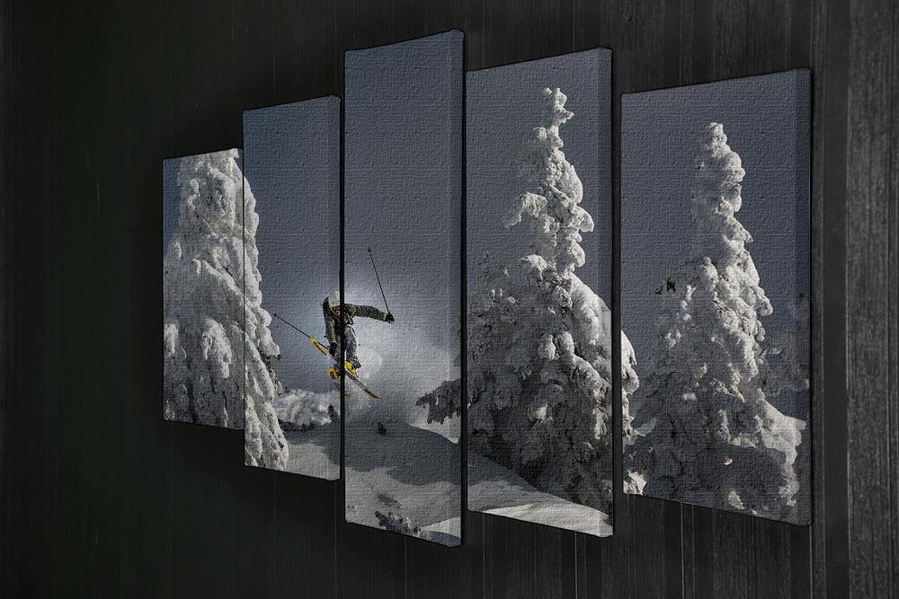 A vibrant 5-split canvas artwork depicting skiing, showcasing dynamic panels that create a cohesive and engaging visual experience.