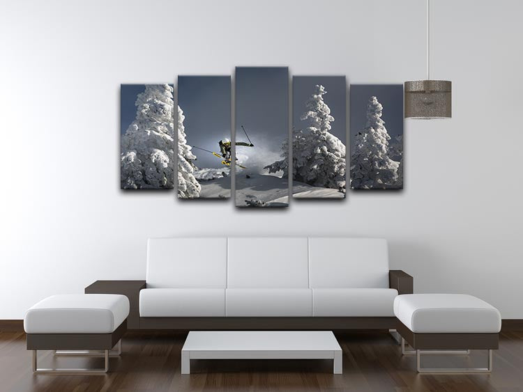 A vibrant 5-split canvas artwork depicting skiing, showcasing dynamic panels that create a cohesive and engaging visual experience.