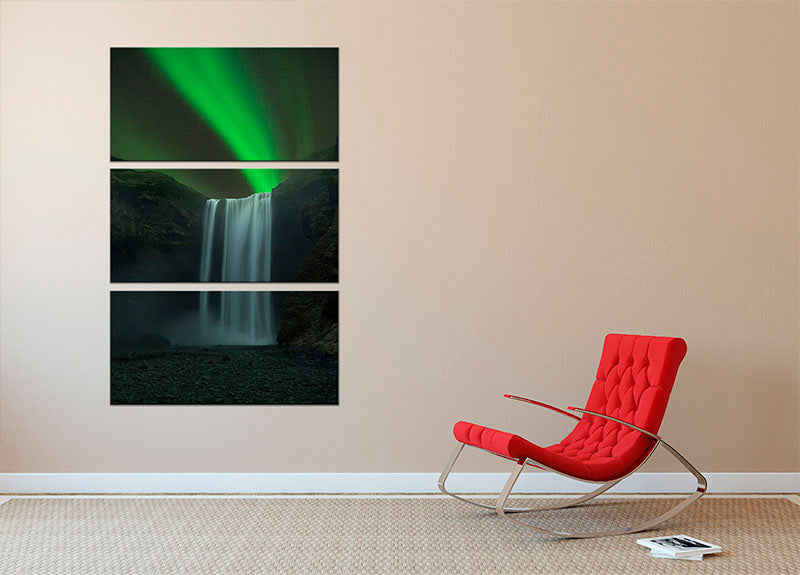 Skogafoss 3 Split Panel Canvas Print showcasing a stunning landscape in three panels, perfect for home decor.
