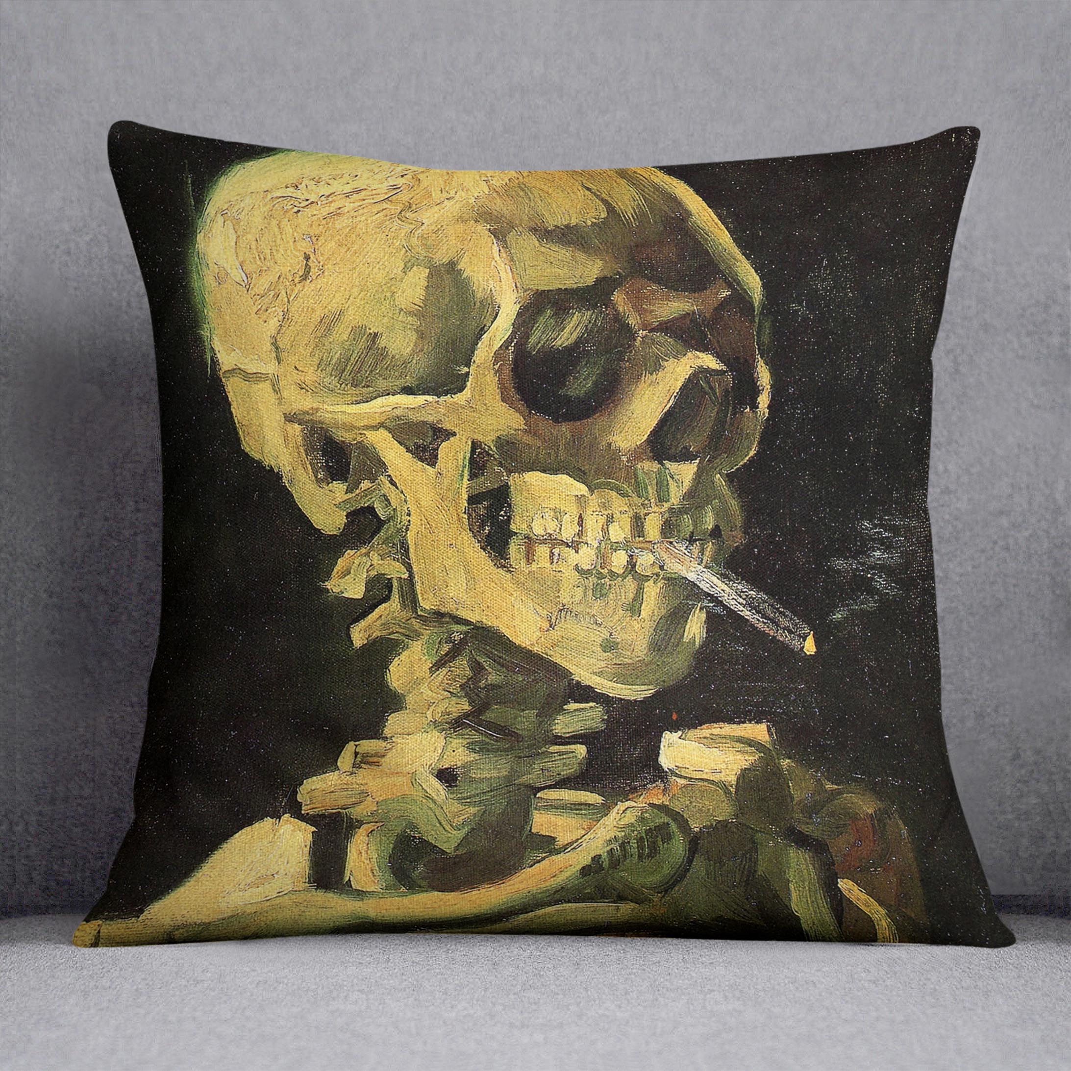 A vibrant cushion featuring Van Gogh's Skull with Burning Cigarette design, made from luxurious vegan faux suede.