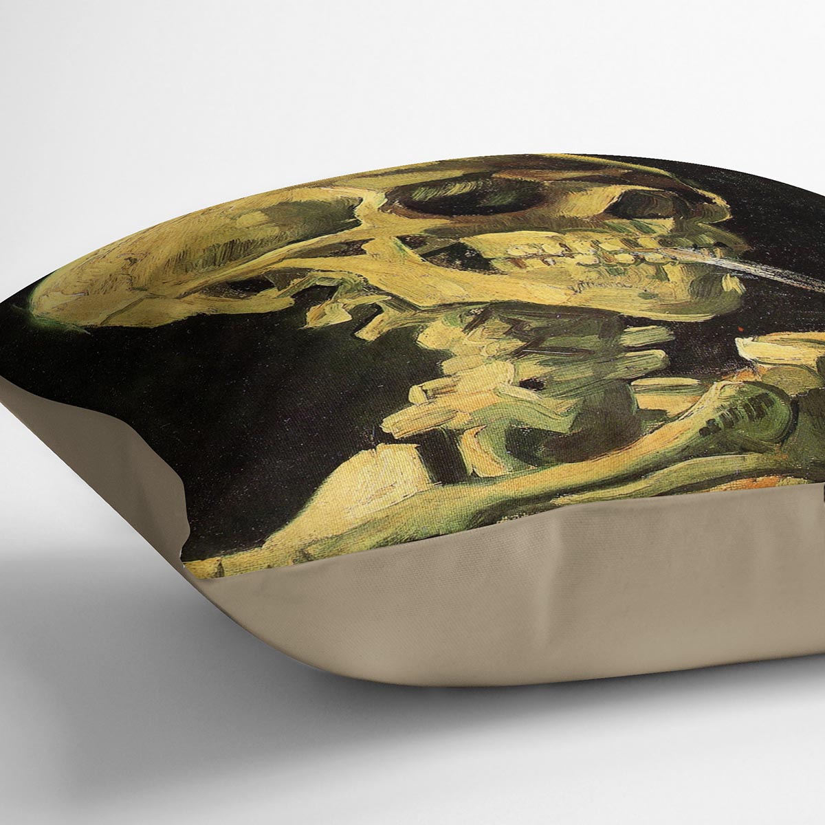 A vibrant cushion featuring Van Gogh's Skull with Burning Cigarette design, made from luxurious vegan faux suede.