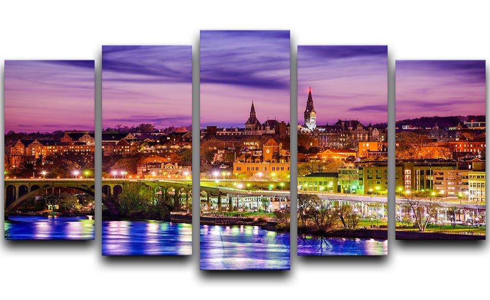 A stunning 5-split canvas artwork depicting the skyline on the Potomac River, showcasing vibrant colors and intricate details across five panels.