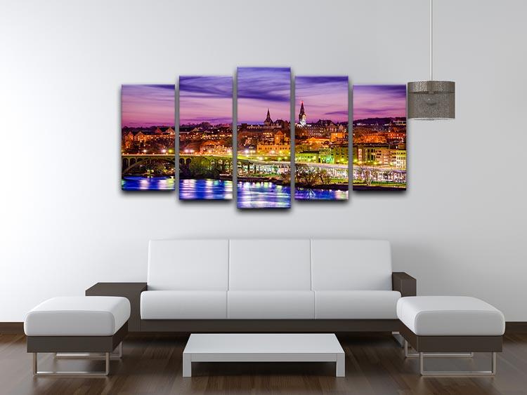 A stunning 5-split canvas artwork depicting the skyline on the Potomac River, showcasing vibrant colors and intricate details across five panels.