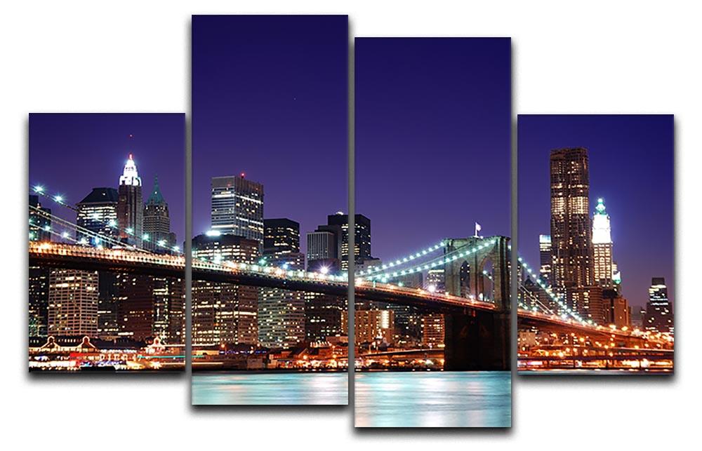 A beautiful 4-split canvas artwork depicting illuminated skyscrapers over the Hudson River at dusk, showcasing vibrant colors and intricate details.