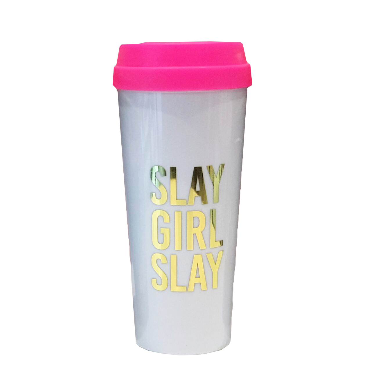 Stylish Slay Girl Slay Travel Mug with pink lid and metallic gold lettering, perfect for coffee and tea lovers.