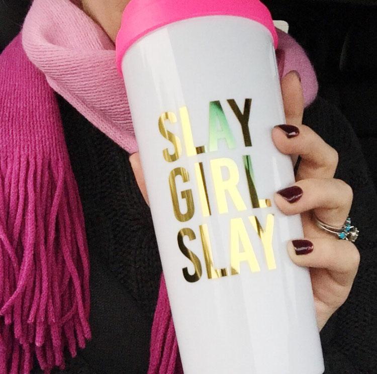 Stylish Slay Girl Slay Travel Mug with pink lid and metallic gold lettering, perfect for coffee and tea lovers.