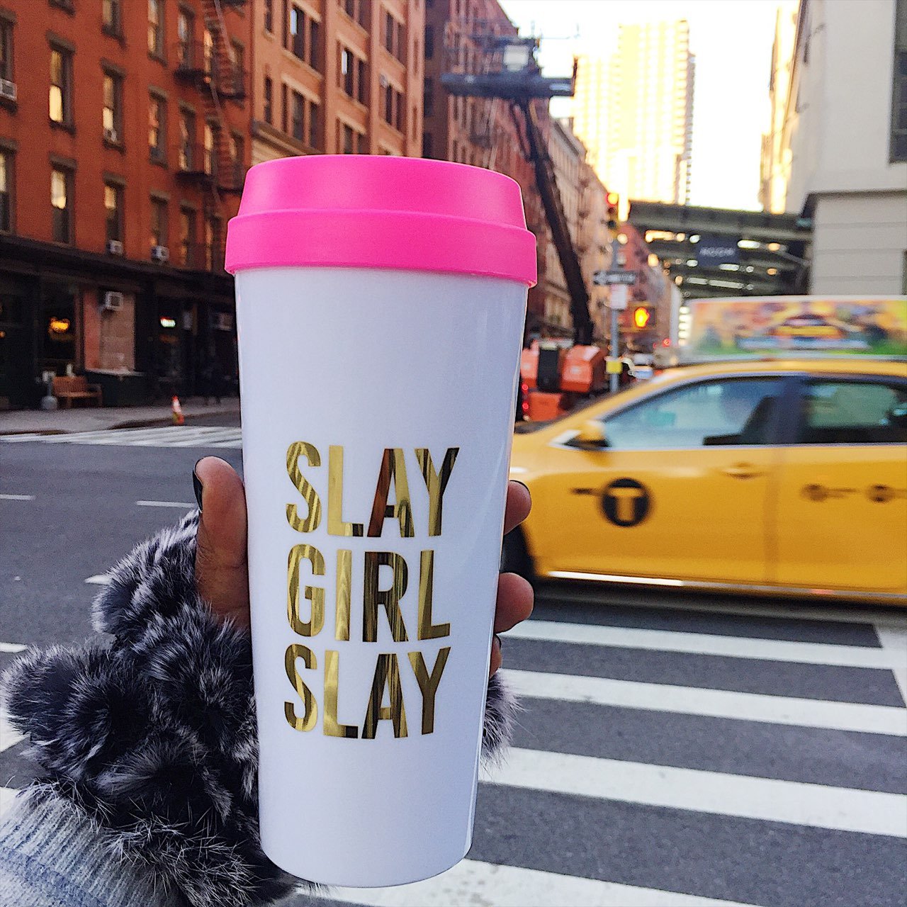 Stylish Slay Girl Slay Travel Mug with pink lid and metallic gold lettering, perfect for coffee and tea lovers.