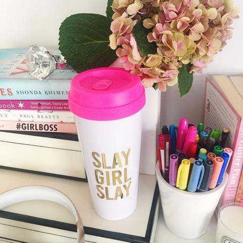 Stylish Slay Girl Slay Travel Mug with pink lid and metallic gold lettering, perfect for coffee and tea lovers.