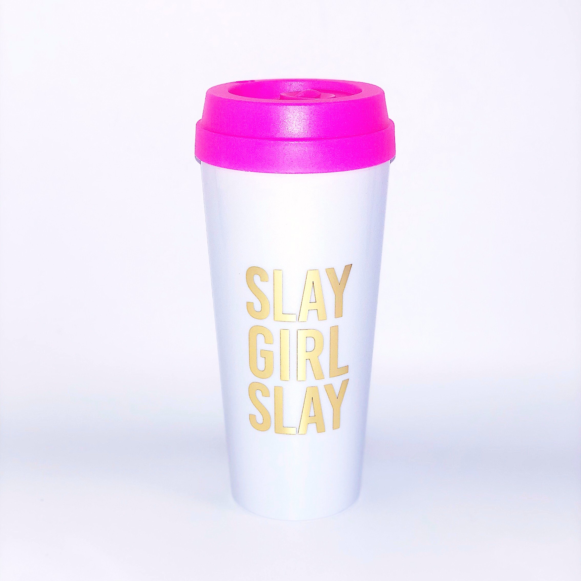 Stylish Slay Girl Slay Travel Mug with pink lid and metallic gold lettering, perfect for coffee and tea lovers.