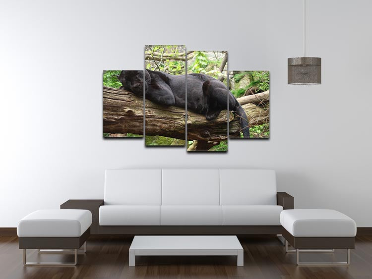 A stunning 4-split canvas artwork featuring a sleeping black jaguar, showcasing its majestic form across four panels.