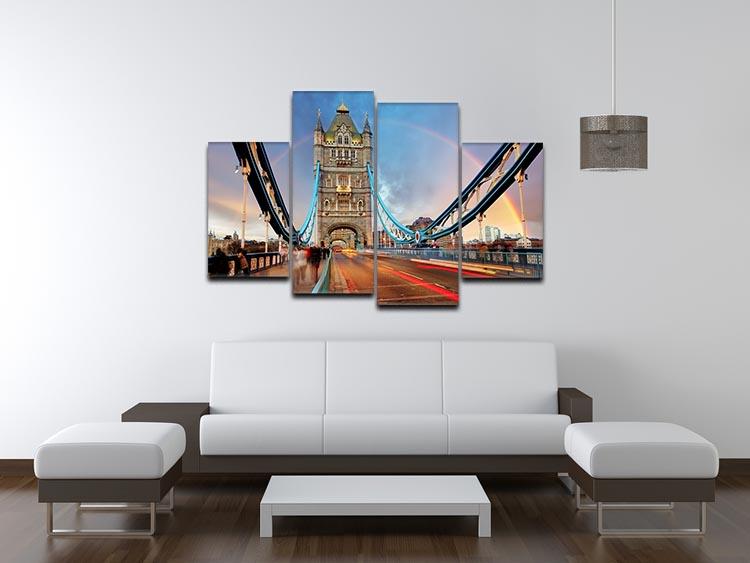 A stunning 4-split canvas artwork featuring the Tower Bridge in slow shutter speed, showcasing dynamic movement and vibrant colors.