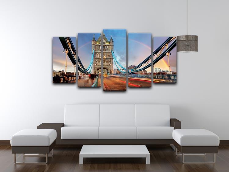 A stunning 5-split canvas artwork featuring the Tower Bridge captured with a slow shutter speed, showcasing movement and light.