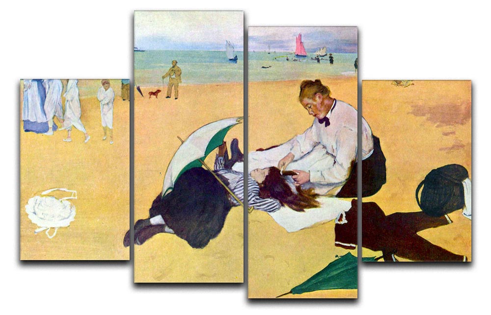 A 4-split canvas artwork depicting small girls playing on the beach, showcasing vibrant colors and dynamic composition.