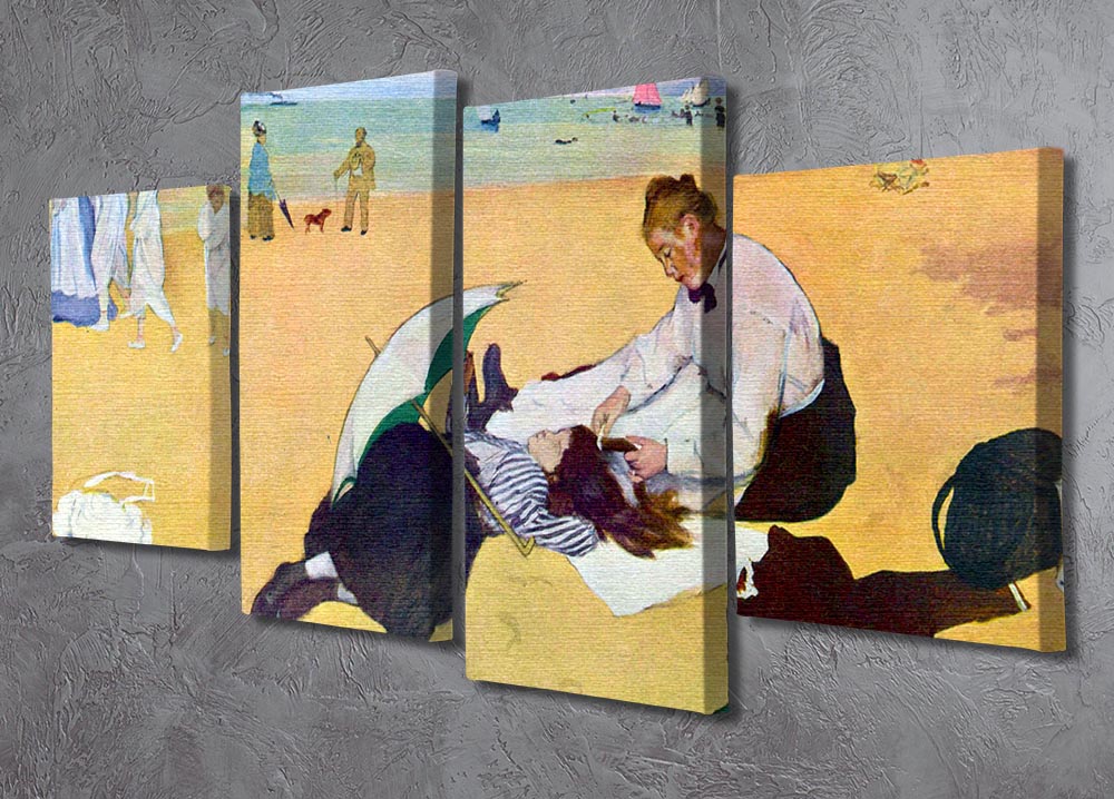 A 4-split canvas artwork depicting small girls playing on the beach, showcasing vibrant colors and dynamic composition.