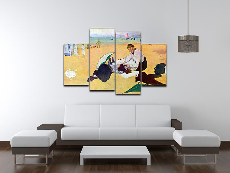 A 4-split canvas artwork depicting small girls playing on the beach, showcasing vibrant colors and dynamic composition.