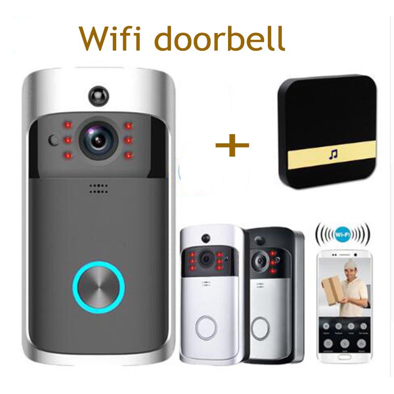 Smart WiFi Security Video Doorbell in black and silver, showcasing its sleek design and camera features.