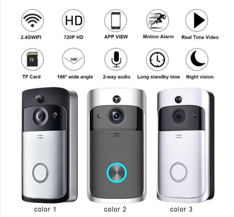 Smart WiFi Security Video Doorbell in black and silver, showcasing its sleek design and camera features.