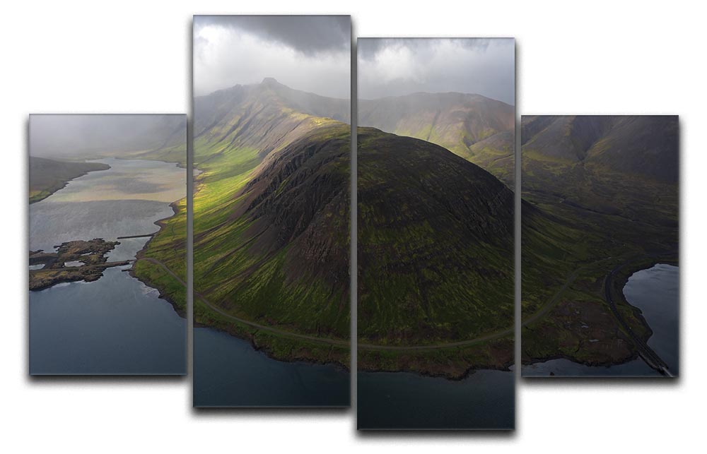 A stunning 4-split canvas artwork depicting the Snaefellsnes Peninsula in Iceland, showcasing vibrant colors and intricate details across four panels.
