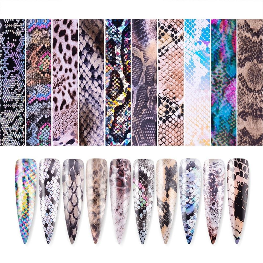 A collection of snake nail foil stickers featuring various serpentine leopard prints, ideal for nail art decoration.